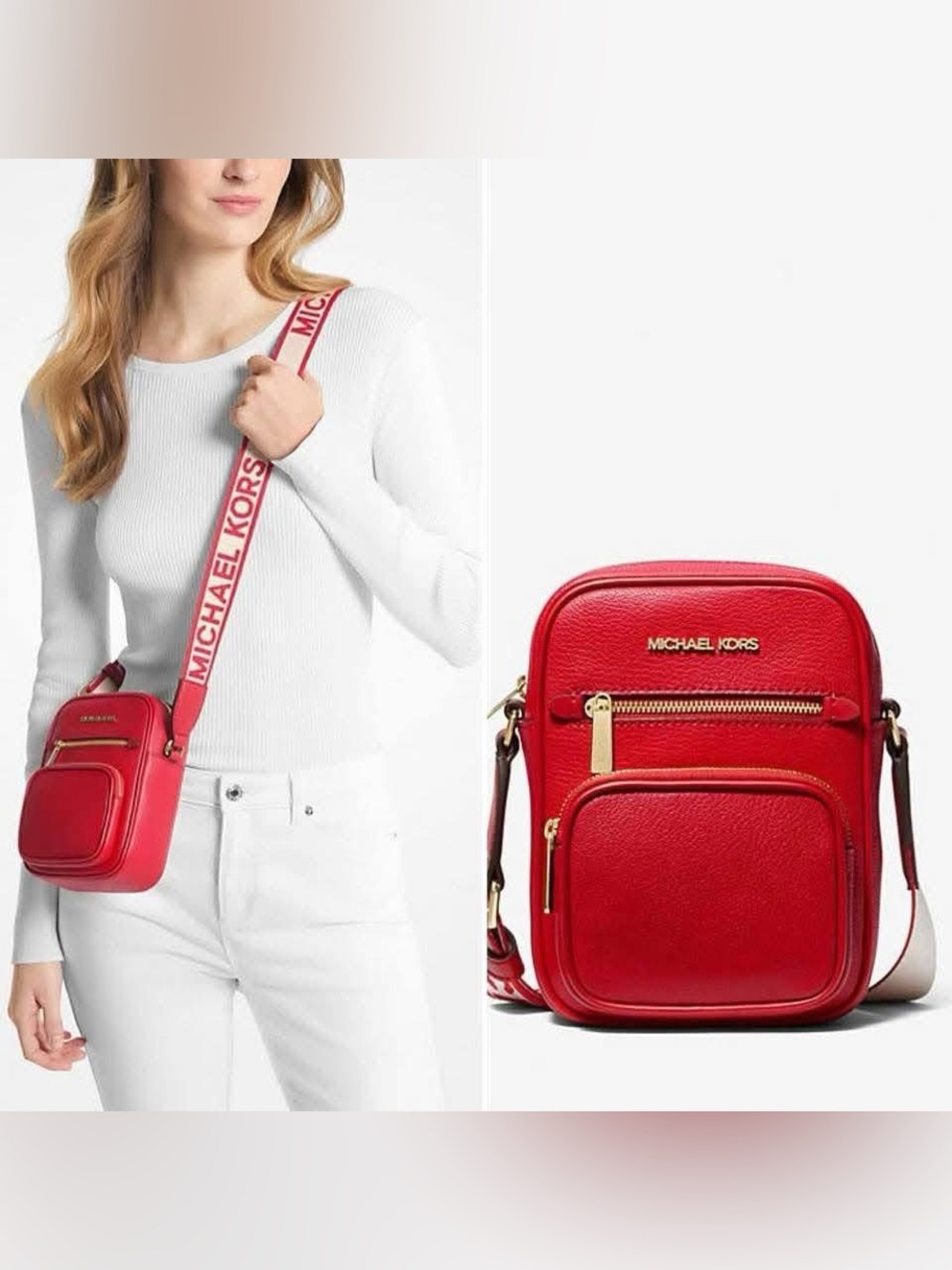 NEW MICHAEL KORS MK JET SET RED LEATHER CROSSBODY W/GUITAR STRAP NEW